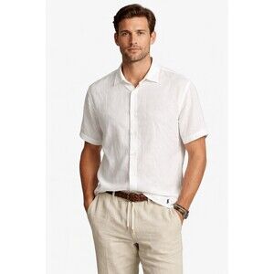 Polo Ralph Lauren White Linen Button Up Shirt Men Short Sleeve Pony Hem Size XL.
